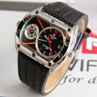 SwissArmyDuallTimeLeatherBlackringSilverKWSuperdiameter5cm2jamaktiftanggalaktiftermasukbox